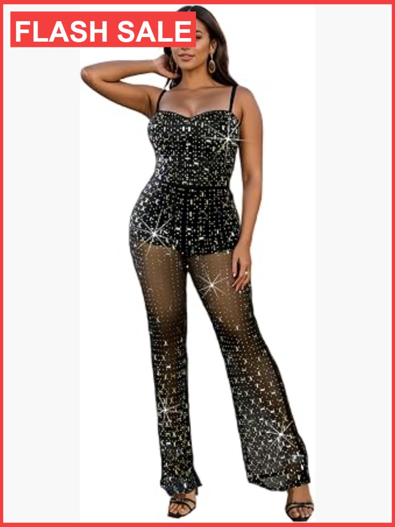 Sequin Mesh Jumpsuit With Wide Leg Bodycon Fit For Party